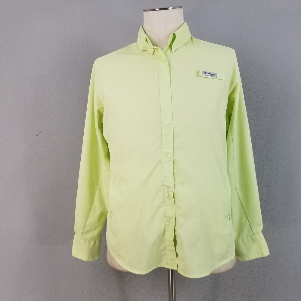 Columbia Fishing Shirt Womens Large Lime PFG‎ Long Sleeve Vented Snap Front